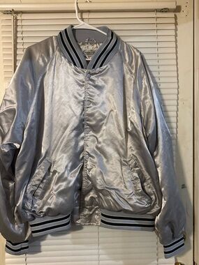 Vintage Men's Silver Satin Varsity Bomber Jacket with Stripe Trim
